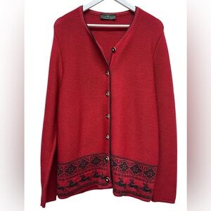 Vintage Kirker Austrian Trachten Cardigan Red Wool Blend Reindeer Fair Isle